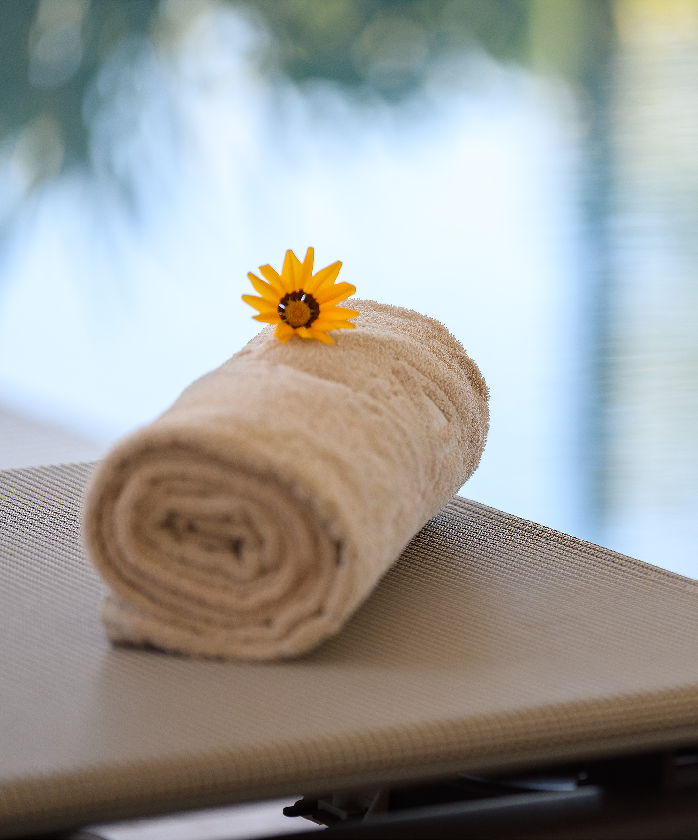 Sun lounger with a rolled towel and a flower at the Spa of Pestana Vila Sol - Vilamoura, Hotel with Golf and Spa