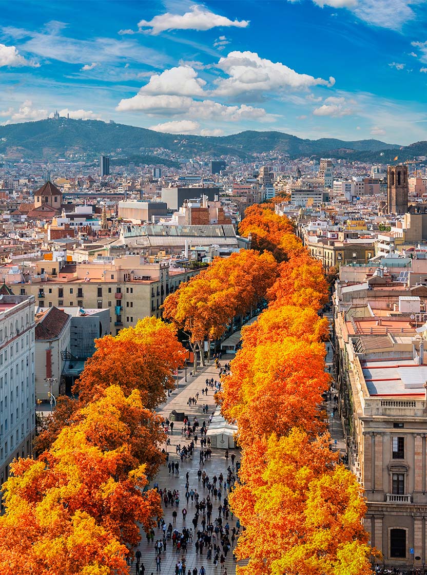 Aerial view over the city of Barcelona, with people strolling, colorful autumn trees, and various buildings
