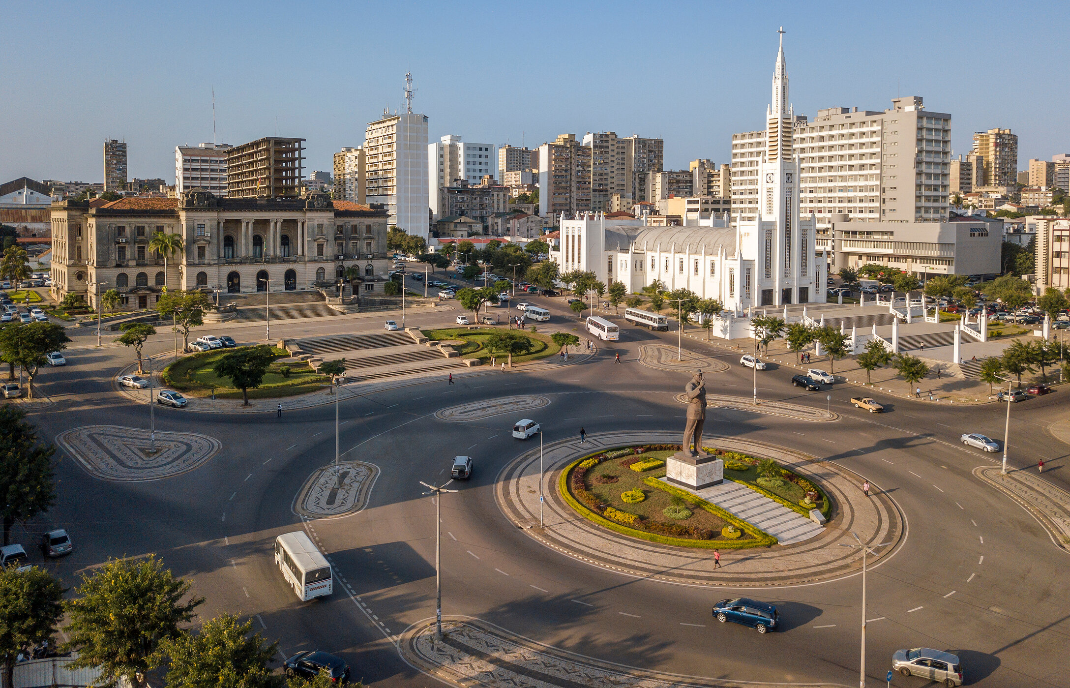 Aerial view of Independence Square, in central Maputo, with several cars and buses