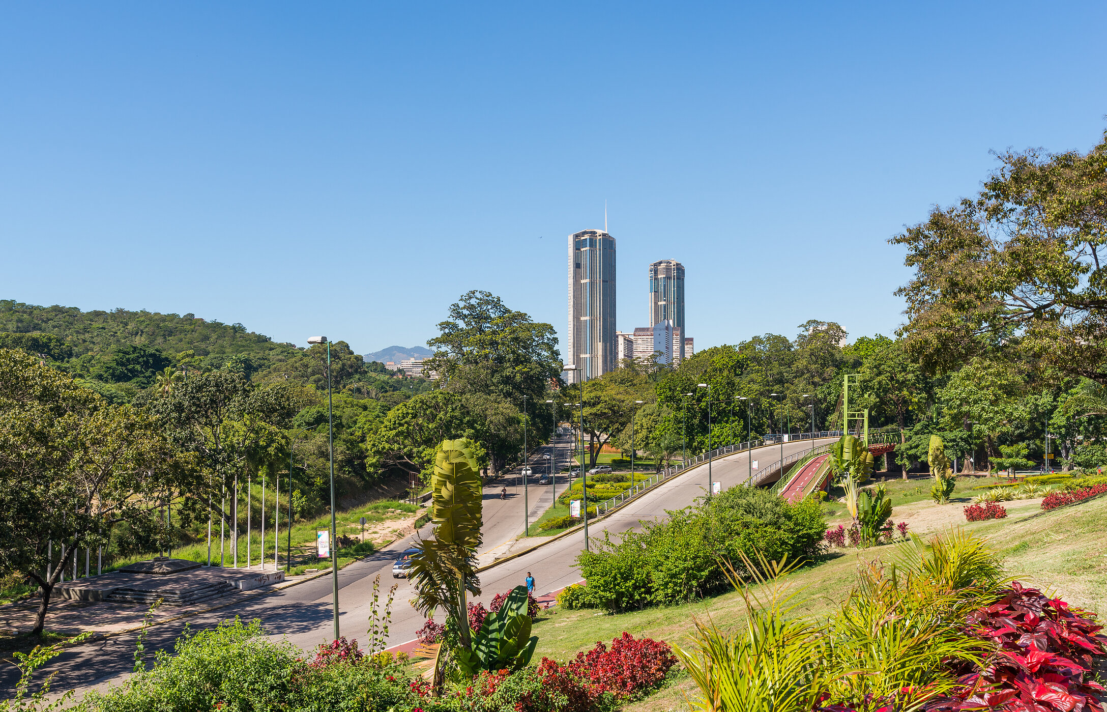 Paisaje urbano de Caracas, con varios espacios verdes y floridos, con las torres gemelas de El Silencio al fondo
