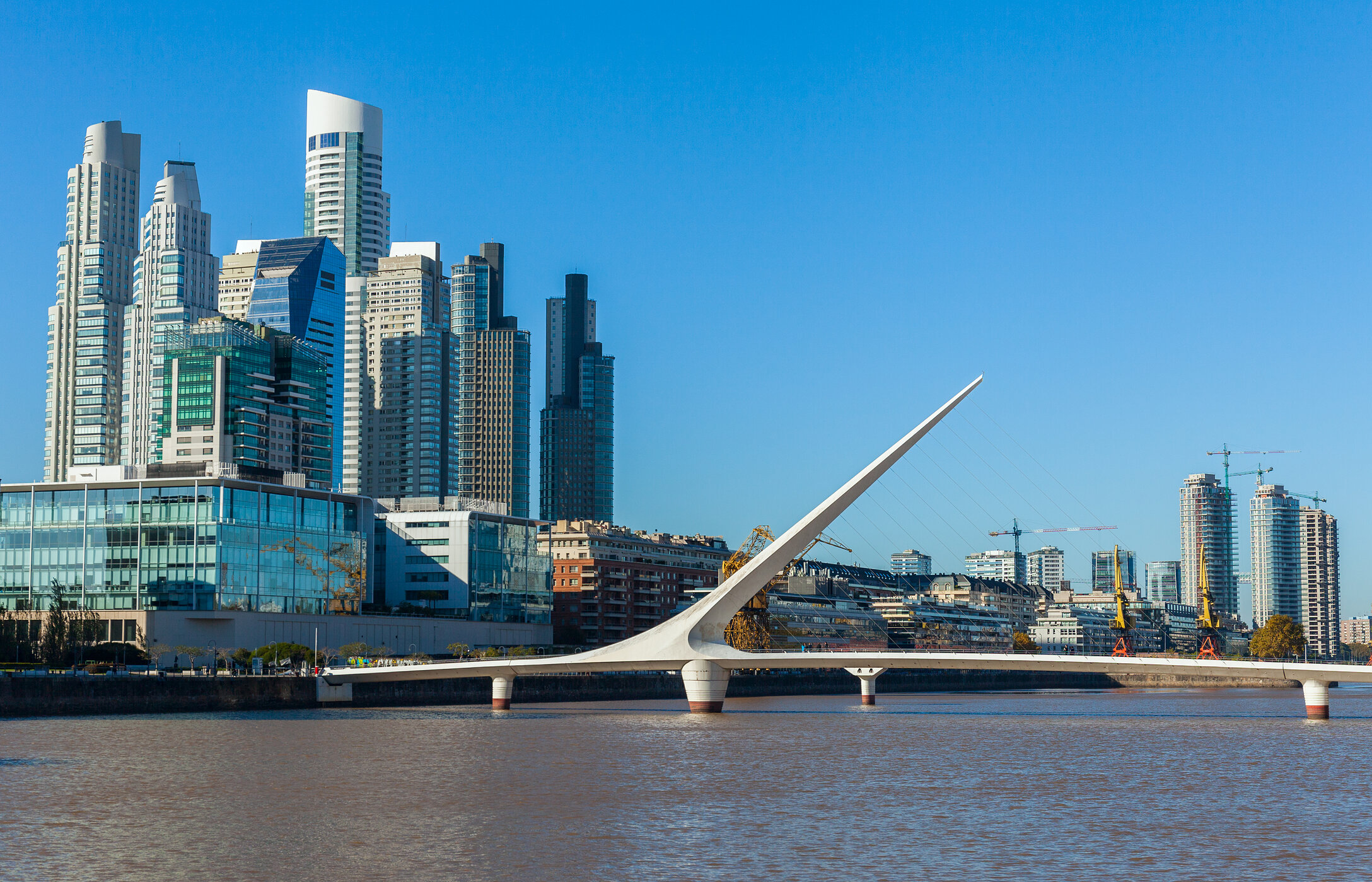  Le pont emblématique de la Femme, en forme de voile, sur un fleuve à Buenos Aires, avec Puerto Madero en arrière-plan