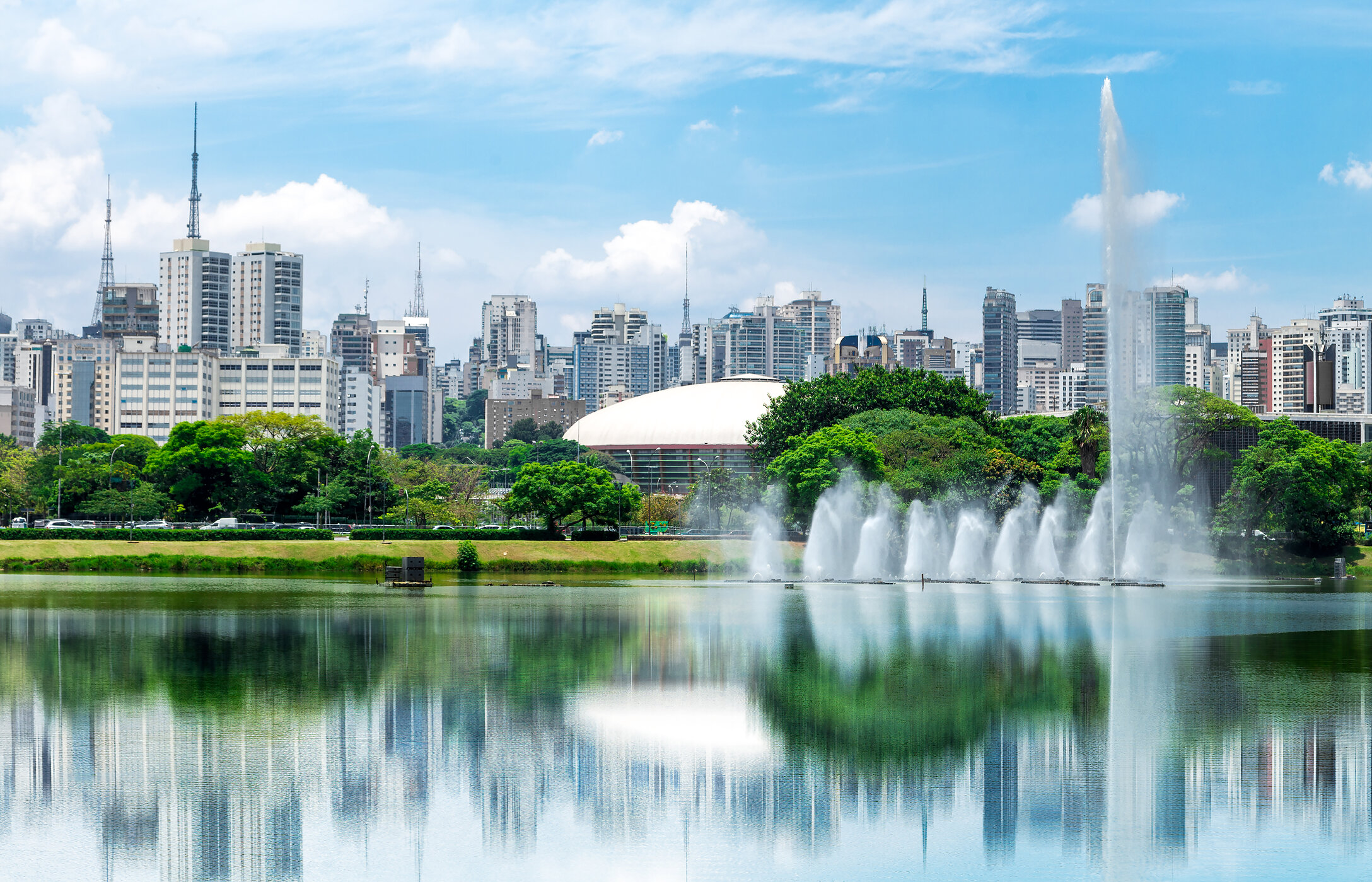 Lac avec fontaine dans le parc d'Ibirapuera, au centre de São Paulo, avec des espaces verts autour