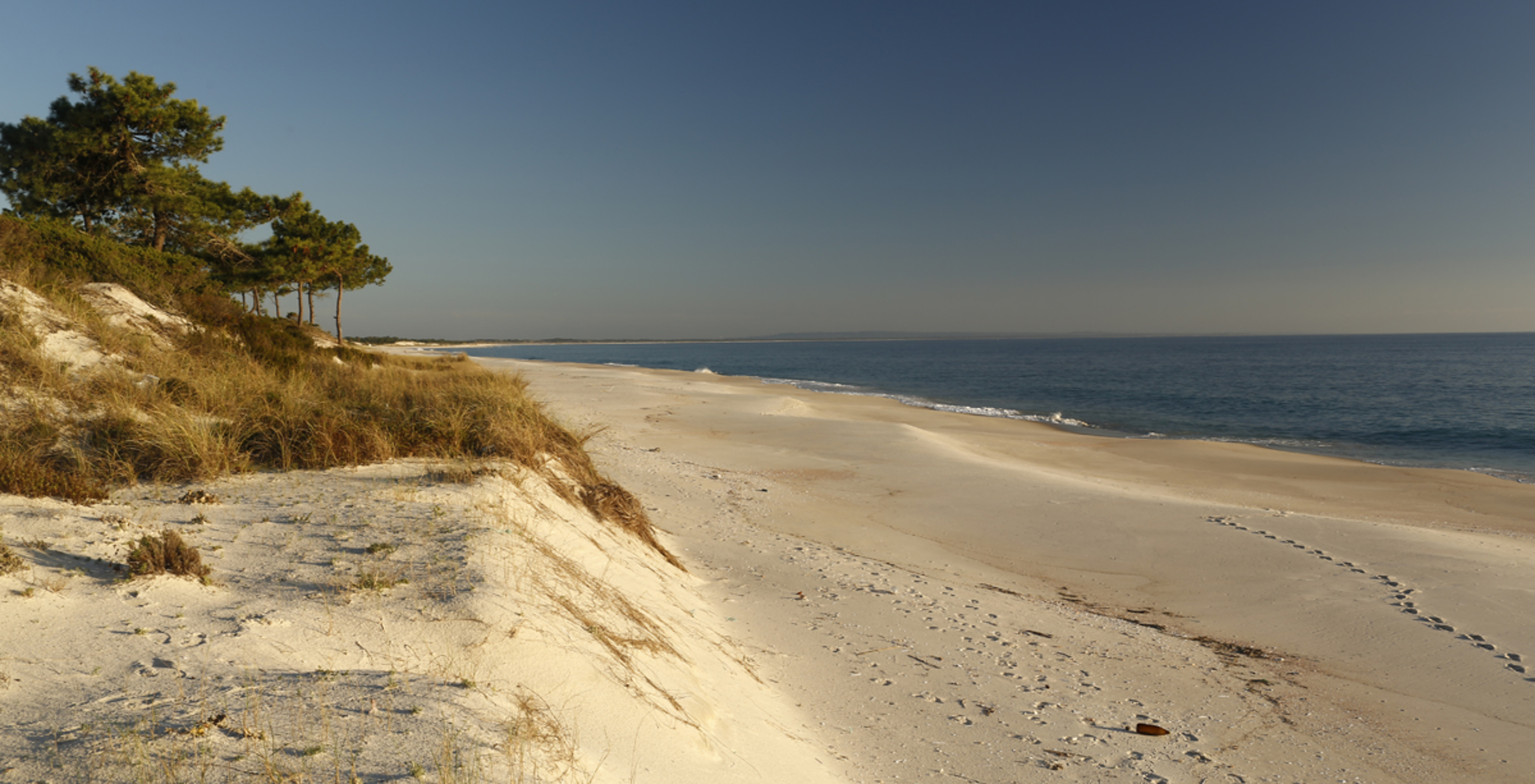 Étendue de sable de la plage de Soltroia, à l'heure dorée du coucher de soleil, avec végétation sur les dunes et mer calme