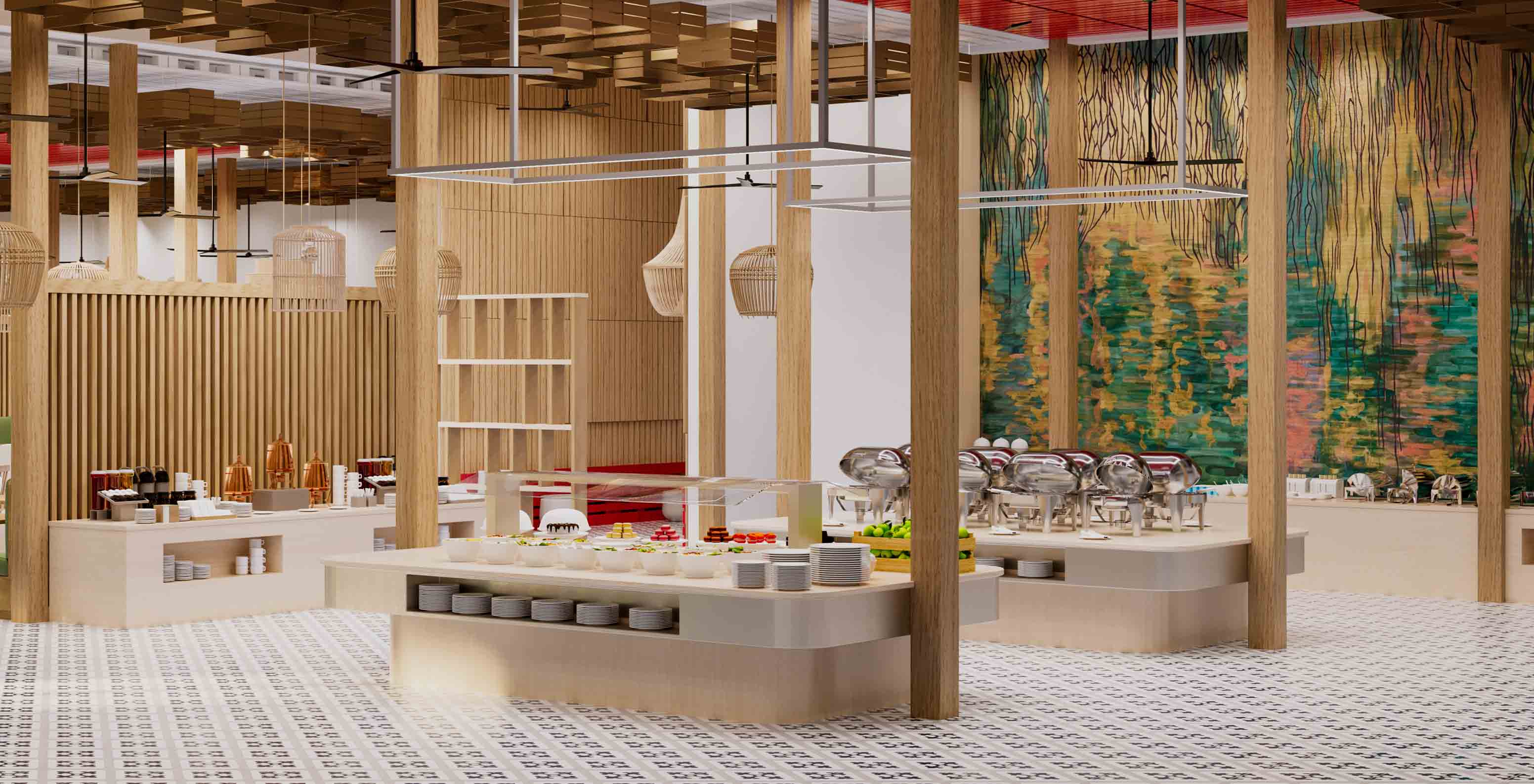 Restaurante do Pestana Dunas Porto Santo, buffet com bancadas de comida e decoração em madeira clara