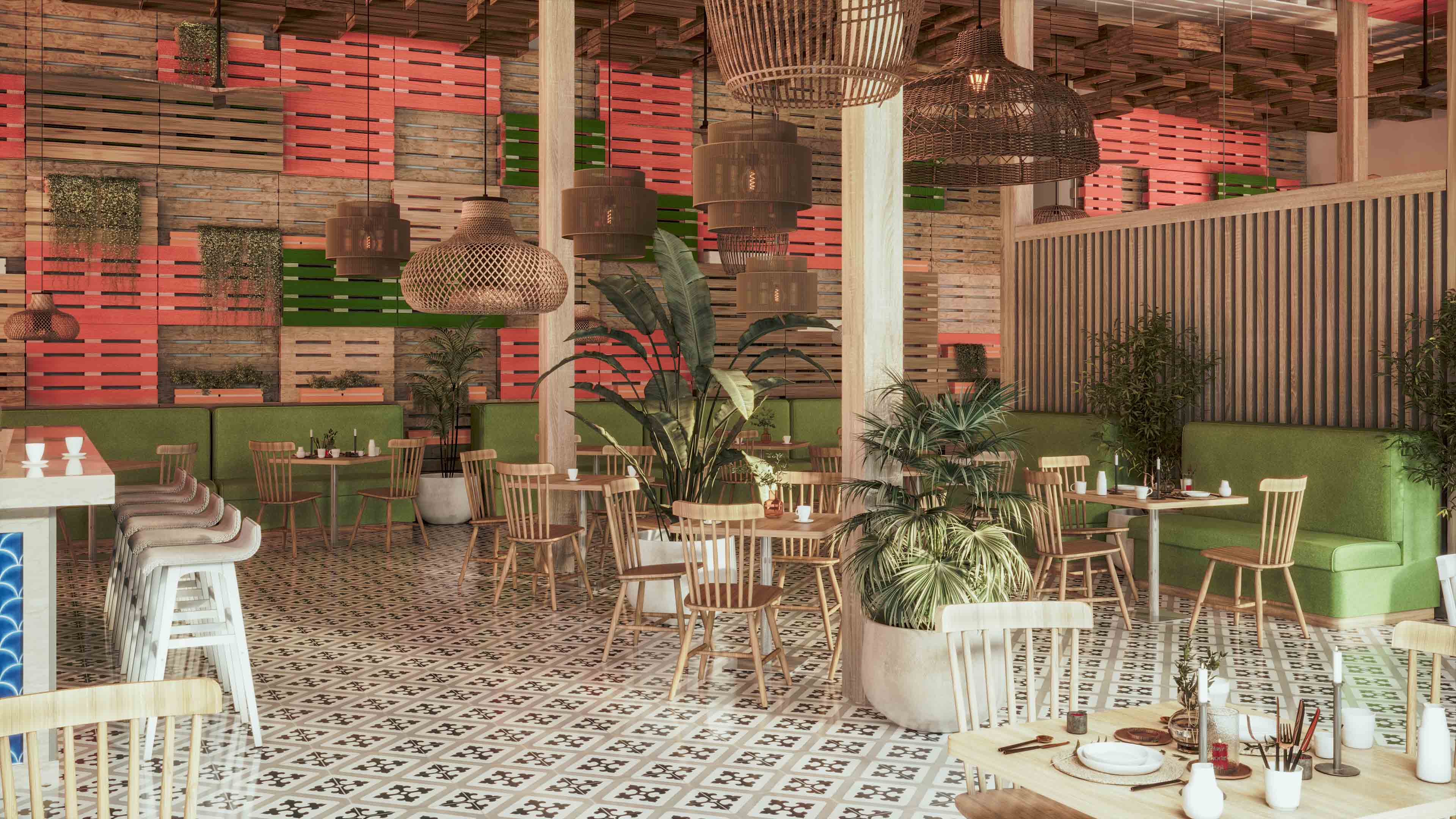 Restaurante do Pestana Dunas Porto Santo, com mesas de madeira, plantas e decoração colorida