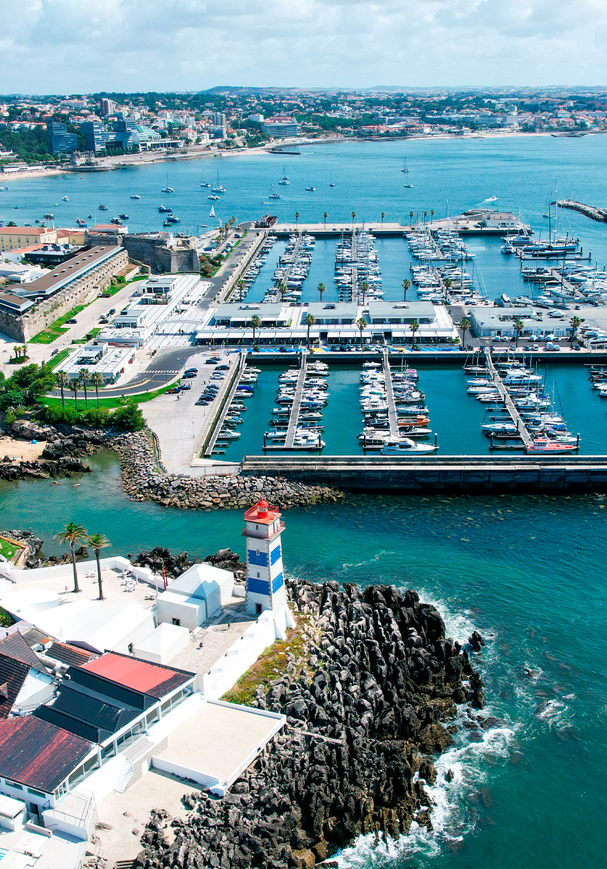 Marina de Cascais pleine de bateaux amarrés, avec des mâts se dressant contre le ciel bleu