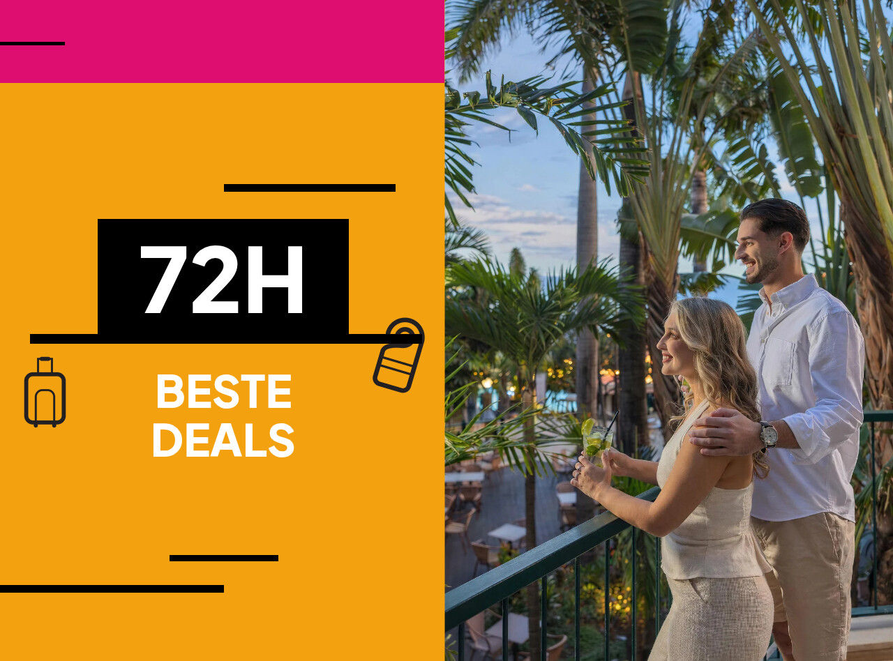 Koppel met drankjes op balkon tussen palmbomen naast promotiebeeld met tekst 72H beste deals bij zonsondergang