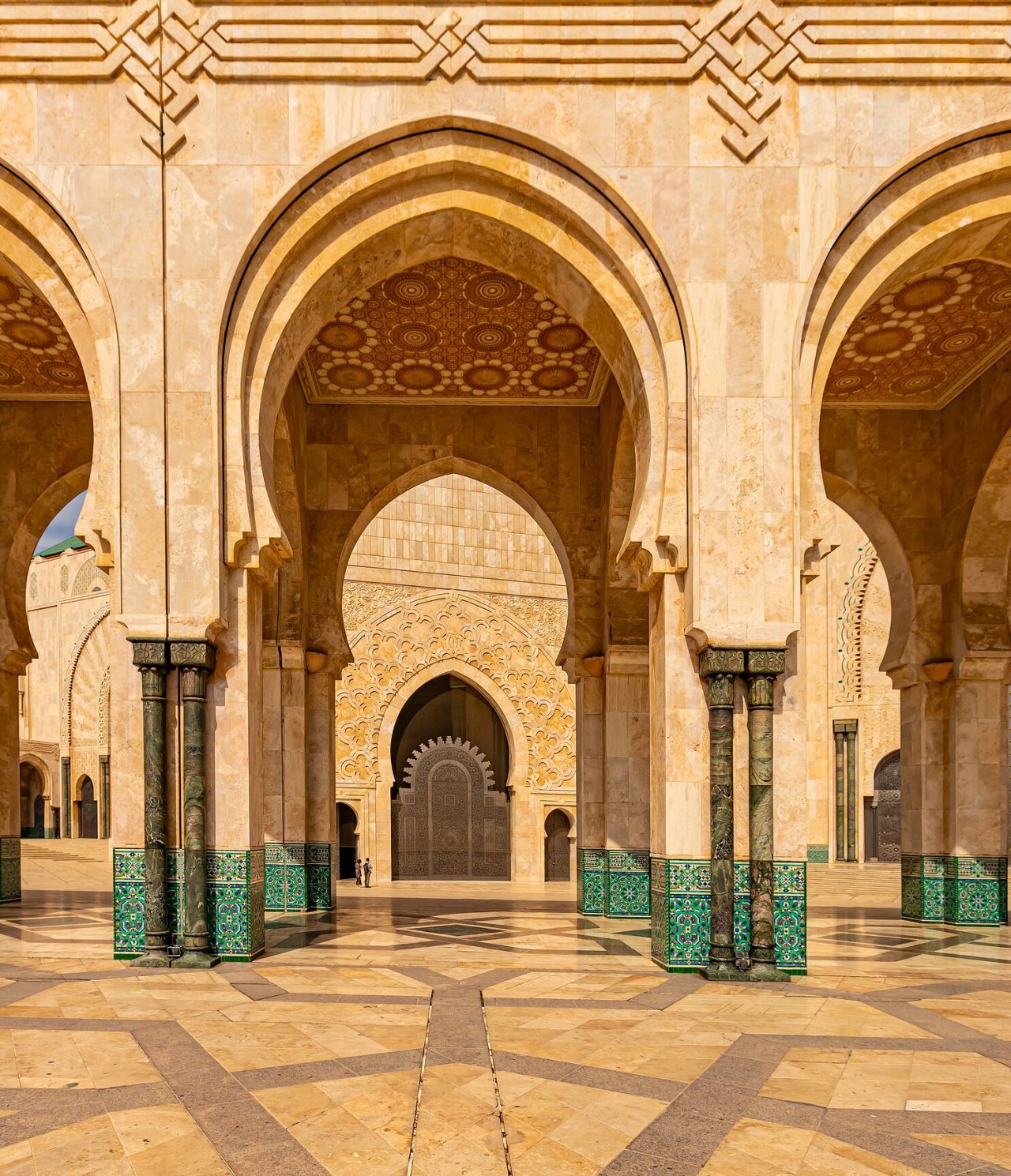 Modern Islamic architecture marks the arches and arcades of the Hassan II Mosque in the city of Casablanca