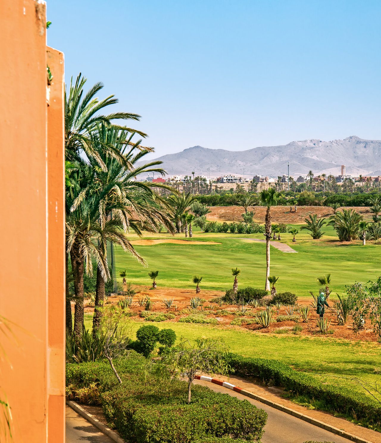 View from a balcony with green fields and various trees, city and mountains on the horizon