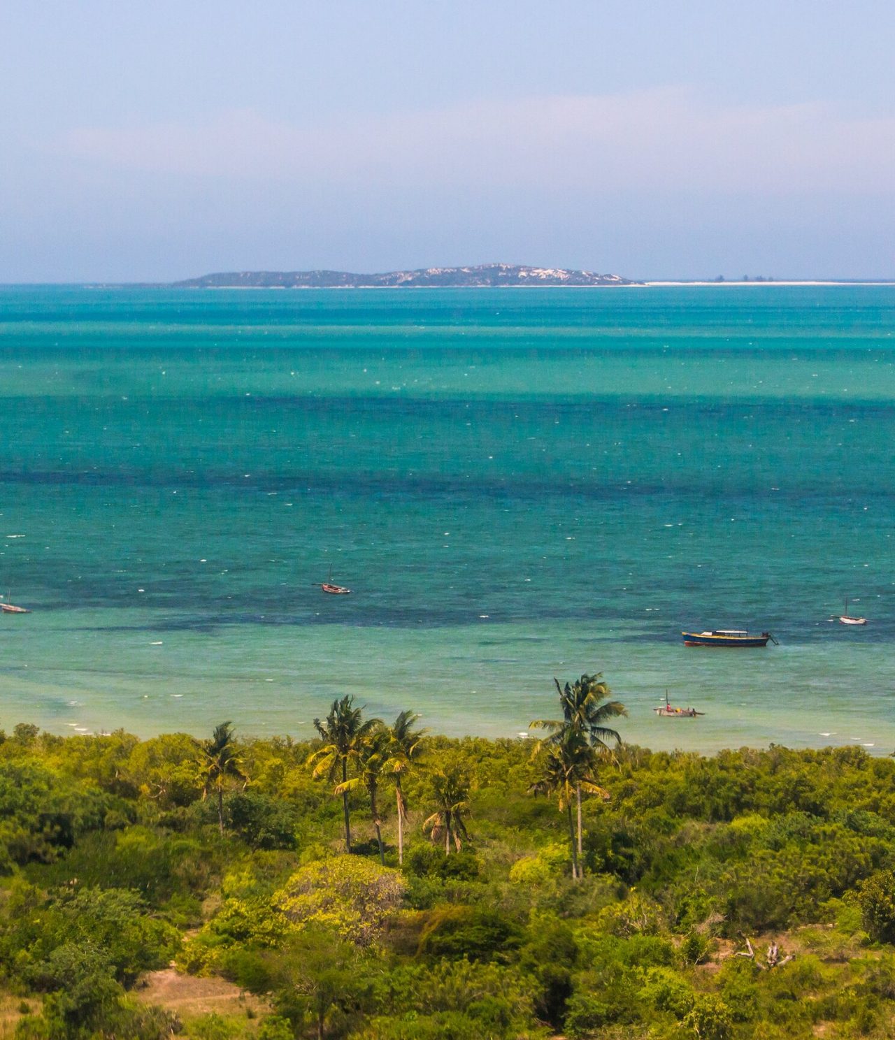 Aerial view of a tropical beach with palm trees, fishing boats, and a clear turquoise sea with an island in the background