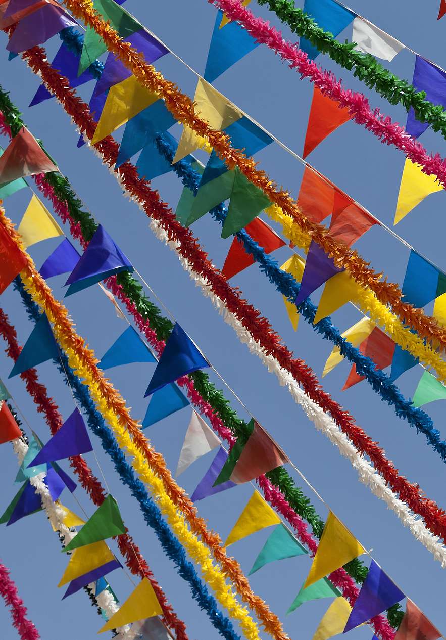 Colorful popular party decorations in various shapes along the streets of Porto Santo