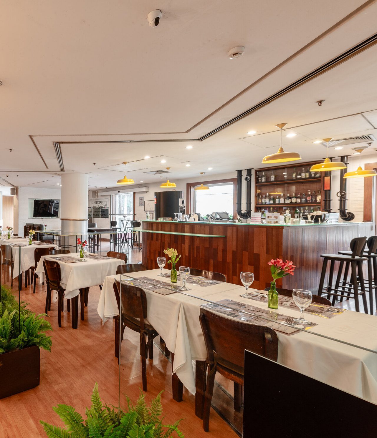 The Lobby Bar, at the Hotel in central São Paulo, includes a counter with chairs, where guests can order cocktails