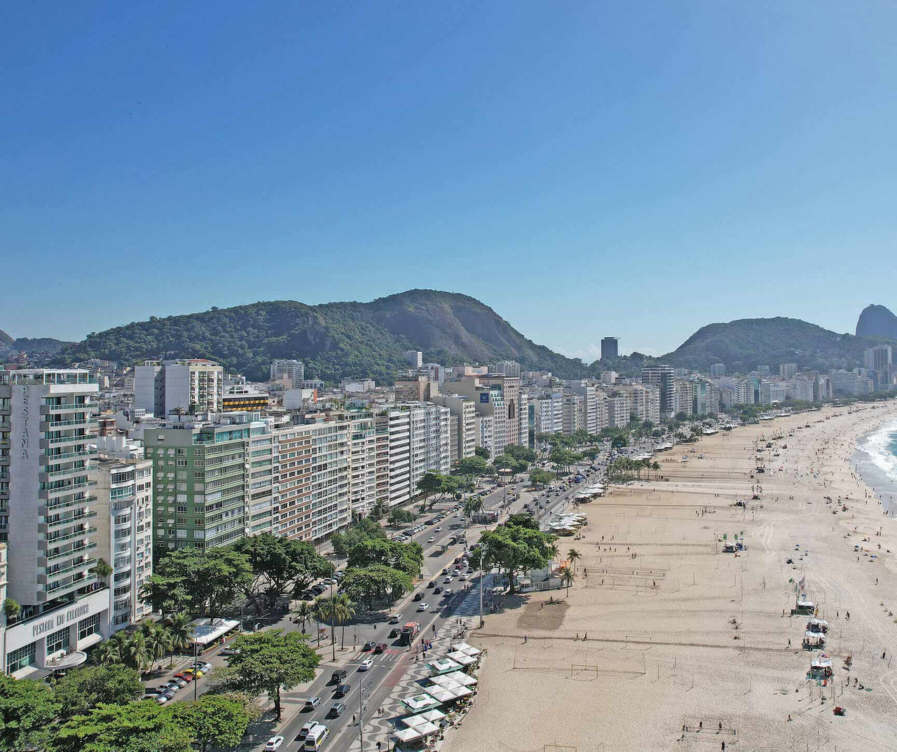 rio-de-janeiro hotel overlooking a long beachfront avenue with high rise buildings and mountains by the sea